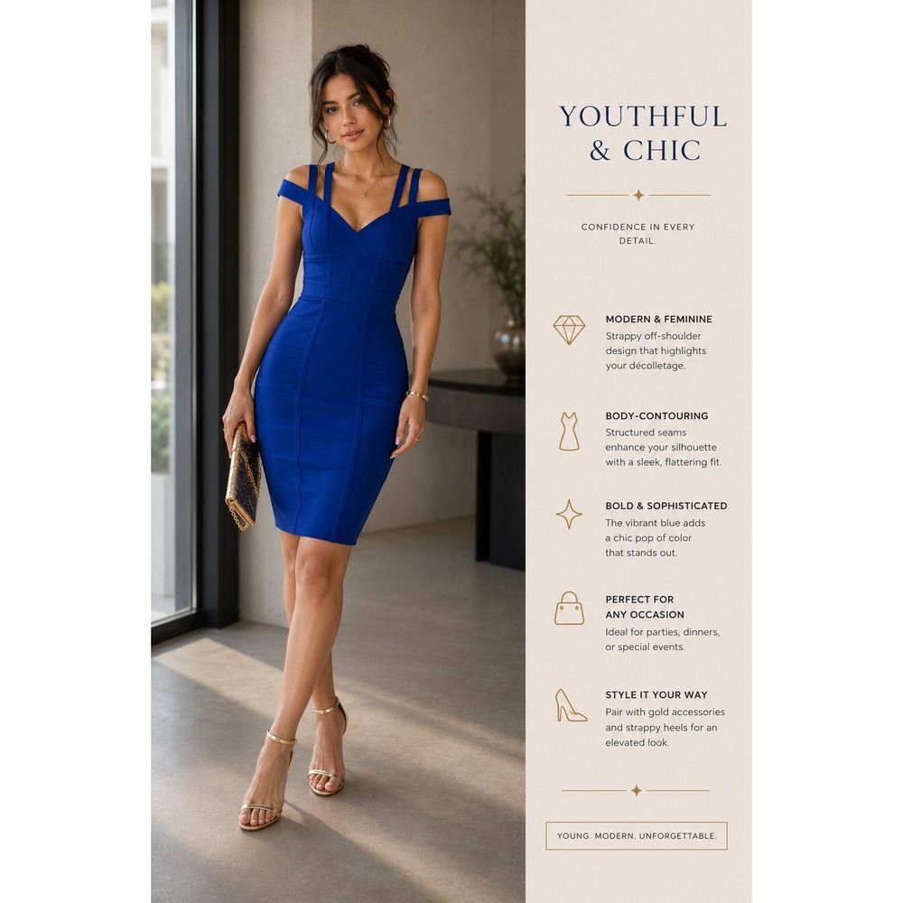 Hybrid & Company Dress Women Blue Bandage Bodycon Cold Shoulder Style Herve L